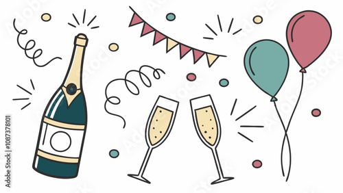 champagne bottles and glasses, festive party icons, New Year celebration design