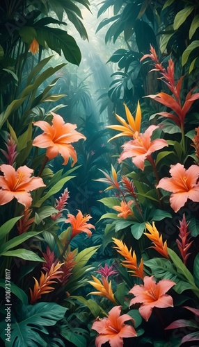 Tropical exotic pattern with animal and flowers in bright colors and lush vegetation