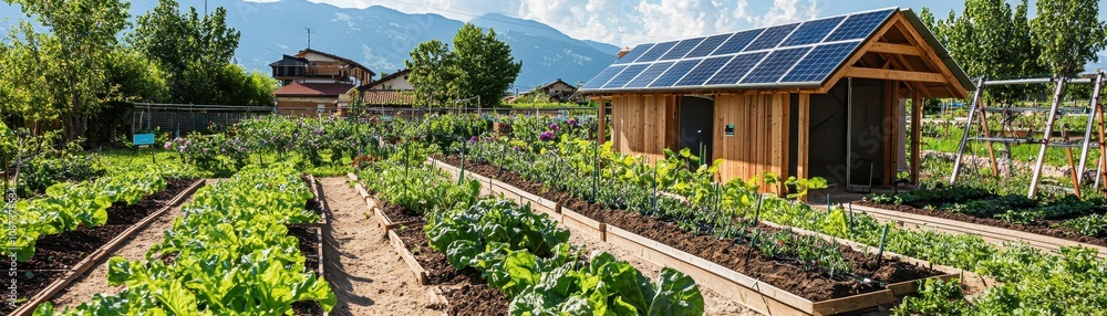 A vibrant garden scene featuring lush vegetables, a wooden shed, and solar panels against a scenic mountain backdrop. A vibrant garden scene featuring lush vegetables, a wooden shed, and solar panels against a scenic mountain backdrop.