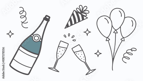 champagne bottles and glasses, festive party icons, New Year celebration design