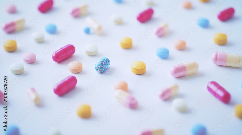 Close-up of colorful tablets and capsules scattered across a clean white surface, with a sharp focus on the textures, highlighting vibrant colors for a professional pharmaceutical look, minimal shadow Close-up of colorful tablets and capsules scattered across a clean white surface, with a sharp focus on the textures, highlighting vibrant colors for a professional pharmaceutical look, minimal shadow