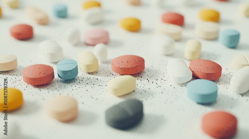 Close-up of colorful tablets and capsules scattered across a clean white surface, with a sharp focus on the textures, highlighting vibrant colors for a professional pharmaceutical look, minimal shadow Close-up of colorful tablets and capsules scattered across a clean white surface, with a sharp focus on the textures, highlighting vibrant colors for a professional pharmaceutical look, minimal shadow