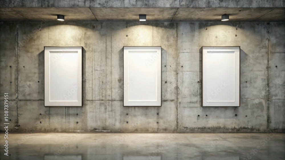 Three blank picture frames on a concrete wall with overhead lighting and a polished concrete floor Three blank picture frames on a concrete wall with overhead lighting and a polished concrete floor
