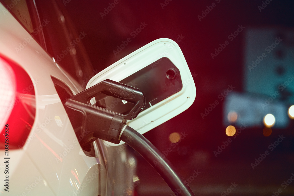 Fototapeta premium A detailed view of a charging cable plugged into the port of a white electric car, showcasing clean energy and sustainable transportation at a modern charging station