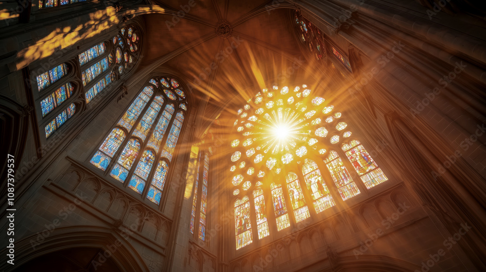 Obraz premium Sunlight streaming through stained glass in a grand cathedral