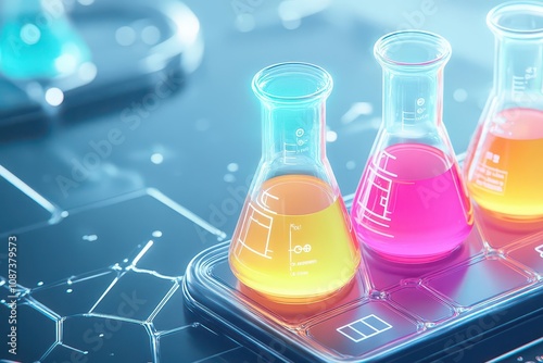 Closeup of chemical beakers with neoncolored liquids, metallic industrial lab background, hightech, digital painting, soft glowing effects photo