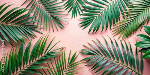 A Vibrant Arrangement of Lush Green Palm Fronds Against a Soft Pink Background