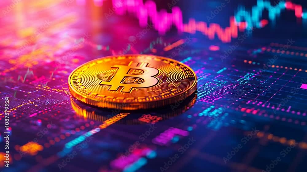 Bitcoin Cryptocurrency Digital Currency Gold Coin on Circuit Board