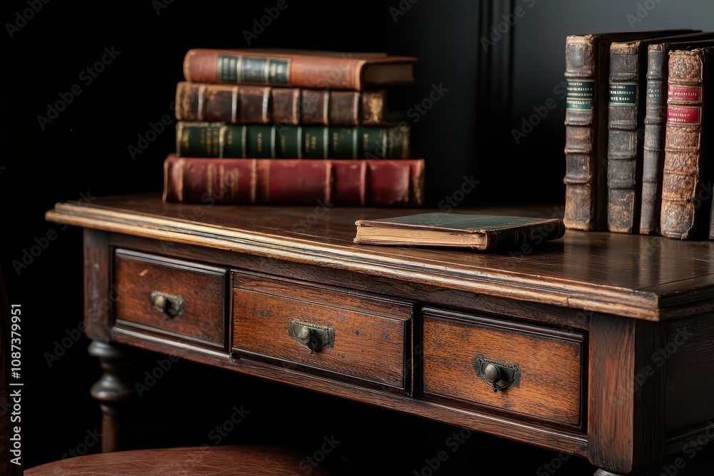 Makha wood furniture set. Elegant wooden desk with stacked books Makha wood furniture set. Elegant wooden desk with stacked books