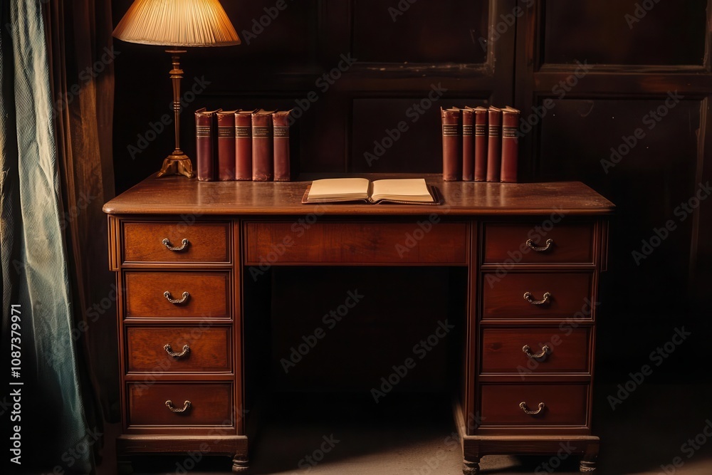 Makha wood furniture set. Classic wooden desk with books and lamp
