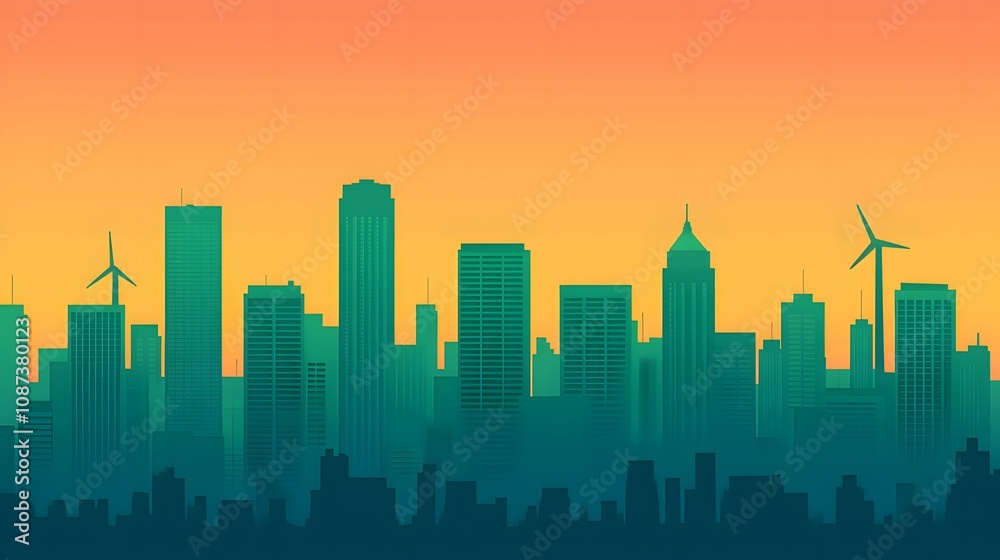 Urban Skyline Silhouette Against a Vibrant Sunset with Wind Turbines Illustrating Sustainability and Modern Architecture in a Contemporary Cityscape