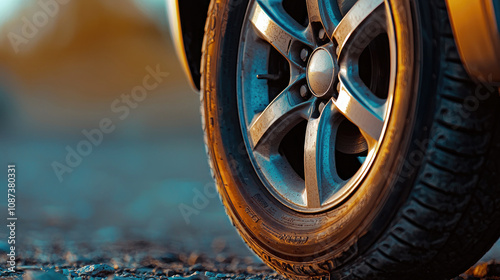 Close-Up of a Car Wheel with Alloy Rims on a Gravel Surface Under Soft Evening Light, Highlighting Tire Tread and Wheel Details for Automotive Enthusiasts photo