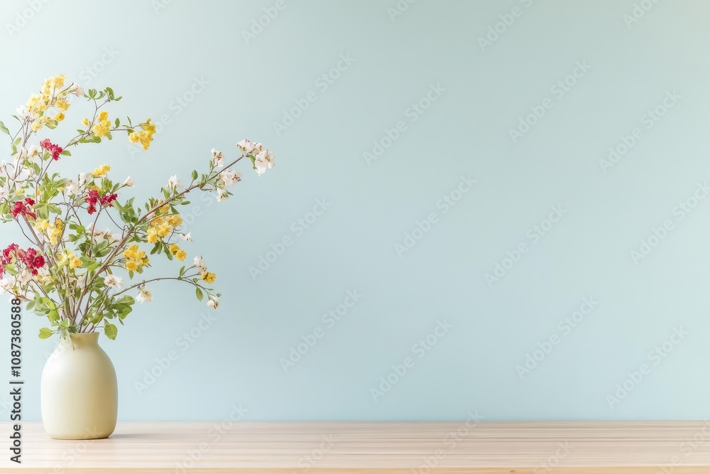Bare wooden kitchen table with one vase showcasing an uncluttered home advanced tone Analogous Color Scheme Bare wooden kitchen table with one vase showcasing an uncluttered home advanced tone Analogous Color Scheme