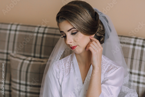 A woman in a white dress with a veil on her head. She is sitting on a couch