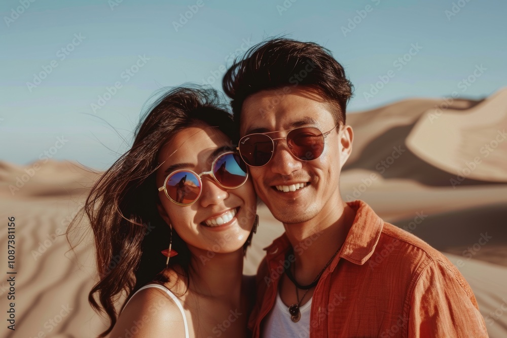 Portrait of a content asian couple in their 20s wearing a trendy sunglasses in front of backdrop of desert dunes Portrait of a content asian couple in their 20s wearing a trendy sunglasses in front of backdrop of desert dunes