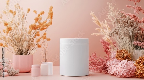 Stylish Composition Featuring Semi-Rigid Packaging and Natural Dried Flowers in Soft Pastel Colors for Modern Product Presentation photo