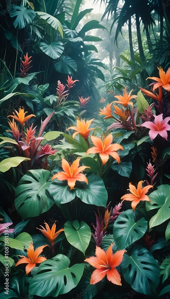 Tropical exotic pattern with animal and flowers in bright colors and lush vegetation Tropical exotic pattern with animal and flowers in bright colors and lush vegetation