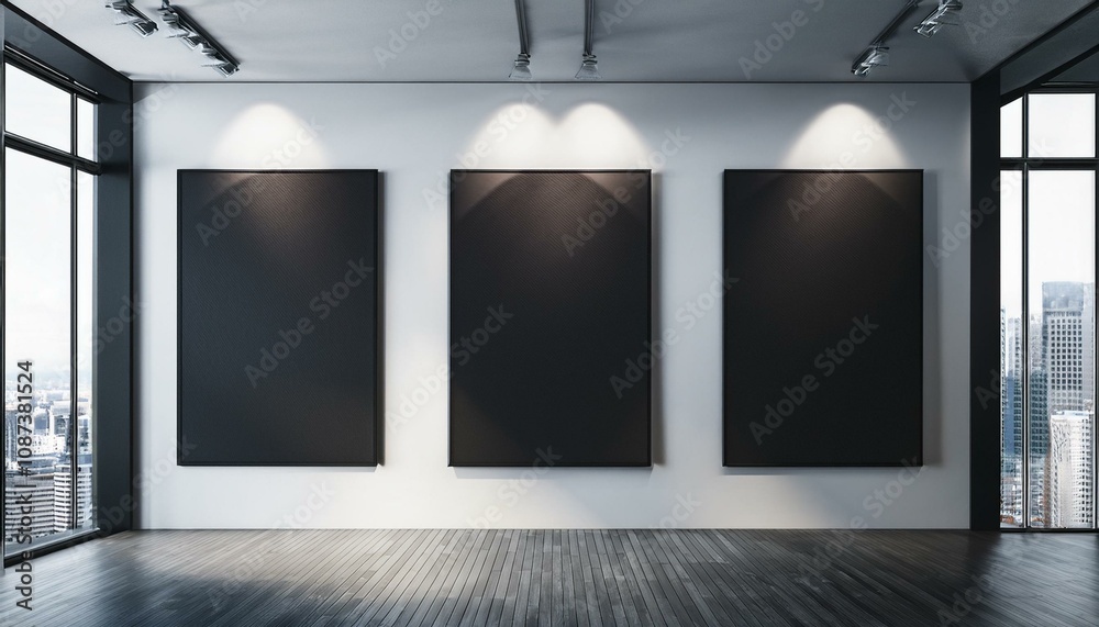 Modern Exhibition Space with Black Canvases. 3D Rendering Modern Exhibition Space with Black Canvases. 3D Rendering