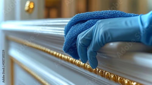 Close-up of gloved hands cleaning ornate railing in a bright, well-lit room during day photo