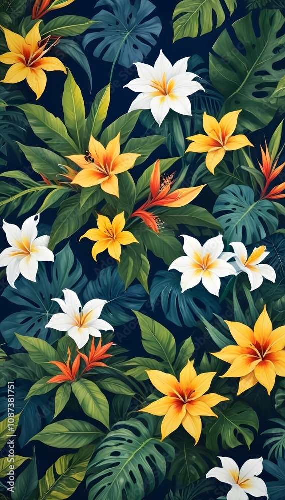 Tropical exotic pattern with animal and flowers in bright colors and lush vegetation