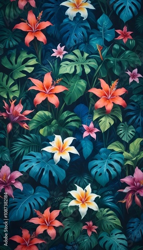 Tropical exotic pattern with animal and flowers in bright colors and lush vegetation