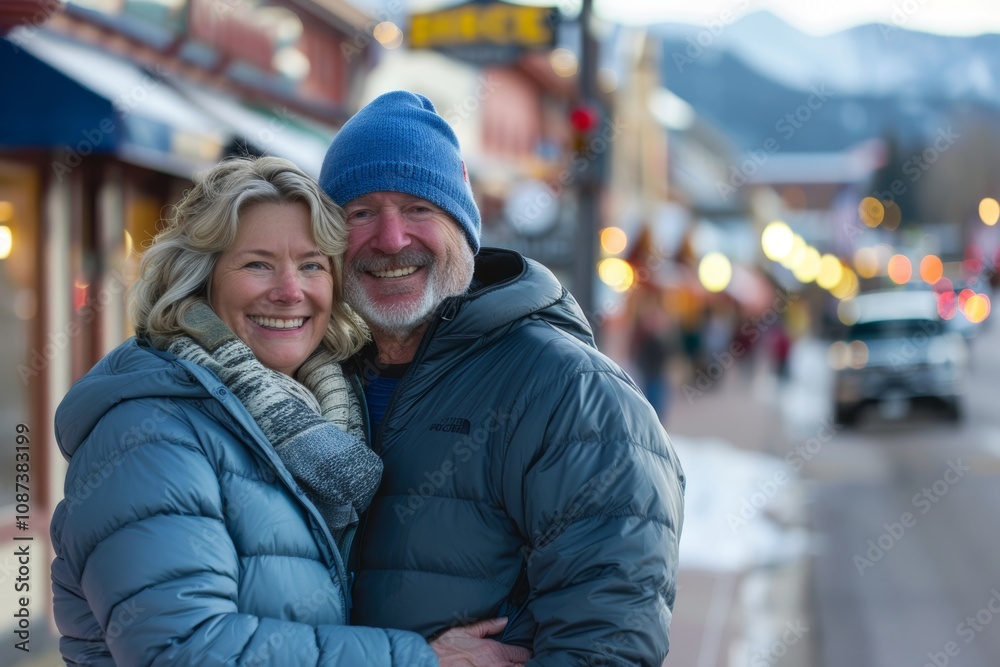 Portrait of a blissful couple in their 30s donning a durable down jacket on charming small town main street Portrait of a blissful couple in their 30s donning a durable down jacket on charming small town main street