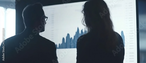 Two professionals analyze data on a large screen, focusing on business metrics.