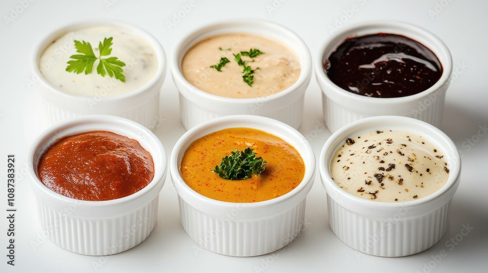 Variety of Dipping Sauces in White Ramekins Variety of Dipping Sauces in White Ramekins