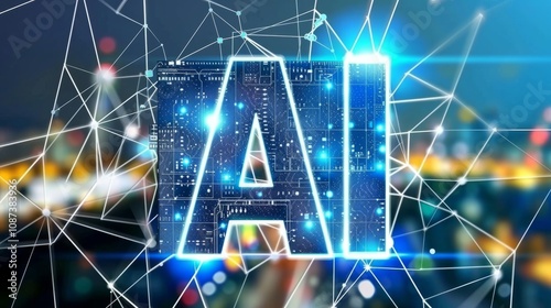 AI Artificial intelligence abstract chip, with bold blue "AI" text, showcases...