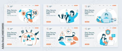 Internet cyber safety for kids concept of landing page with slide templates set in flat design. Website headers with people protect children online privacy with parental control. Vector illustrations.