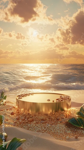 3D rendering, C4D, whimsical tropical-inspired scene featuring a golden circular podium adorned with macadamia nuts, tonka beans, and tucuma butter on a sandy beach. generative ai photo