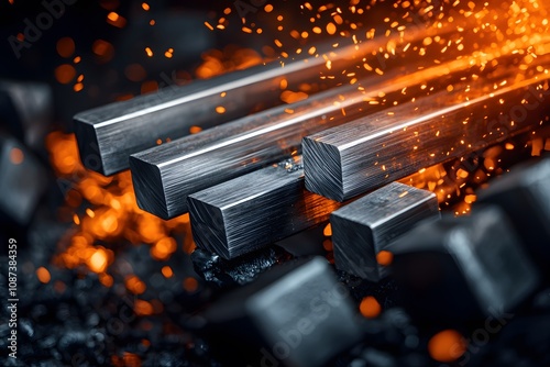 Panoramic View of Steel Rods Being Forged in a Fire-Infused Workshop with Sparks and Glowing Flames Creating a Dynamic Industrial Atmosphere