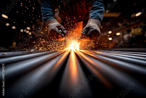 Panoramic View of Steel Rods Being Forged in a Workshop with Sparks Flying and Workers in Gloves Skillfully Managing the Hot Material