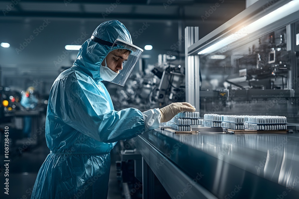 Industrial Technician in Protective Gear Working at Laboratory Bench, Focusing on Vials and Samples Under Laboratory Lighting in a Modern Research Facility Industrial Technician in Protective Gear Working at Laboratory Bench, Focusing on Vials and Samples Under Laboratory Lighting in a Modern Research Facility
