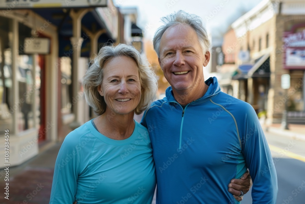 Portrait of a happy caucasian couple in their 50s wearing a moisture-wicking running shirt while standing against charming small town main street Portrait of a happy caucasian couple in their 50s wearing a moisture-wicking running shirt while standing against charming small town main street
