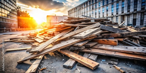 Wallpaper Mural A pile of discarded wooden planks at the end of the day, bathed in the warm glow of the setting sun.  The planks lie scattered on the ground, a testament to a day of construction or demolition. Torontodigital.ca