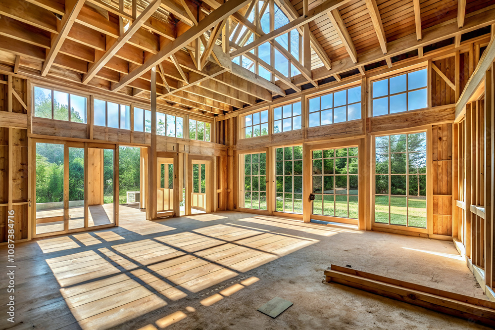 A bright, spacious room under construction with large windows, wooden beams, and unfinished flooring, showcasing natural light and a view of greenery outside. A bright, spacious room under construction with large windows, wooden beams, and unfinished flooring, showcasing natural light and a view of greenery outside.