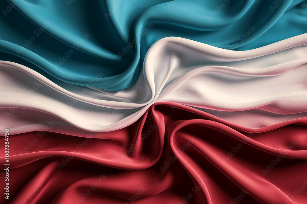 Obraz premium Modern abstract art with soft textures and seamless transitions of blue white and red tones evoking fluidity and unity in a horizontal layout.