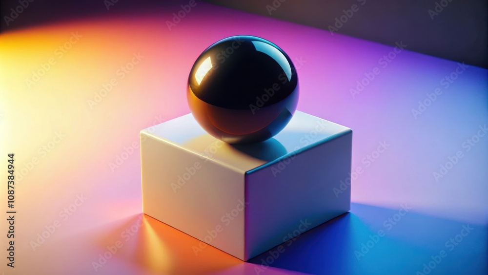 A perfectly spherical black object rests atop a white cube, bathed in the glow of vibrant purple, pink, and orange light. A perfectly spherical black object rests atop a white cube, bathed in the glow of vibrant purple, pink, and orange light.