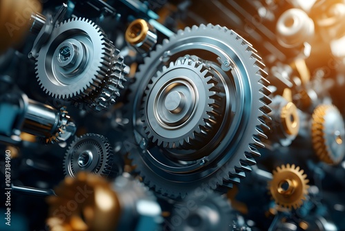 Wide Angle Shot of a Production Line with Metallic Gears and Machinery as the Central Focus, Capturing the Intricacies of Industrial Automation and Engineering Design