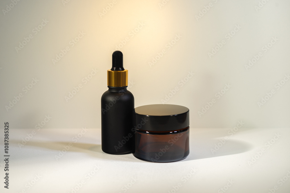 Cosmetic mockup - jars for cream, essential oil bottle of amber glass on Minimalist amber glass dropper bottle for essential oils, skincare serums, or cosmetic products isolated on white background Cosmetic mockup - jars for cream, essential oil bottle of amber glass on Minimalist amber glass dropper bottle for essential oils, skincare serums, or cosmetic products isolated on white background