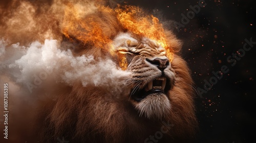 A majestic lion with eyes full of intensity and a flowing mane engulfed in blazing fire, symbolizing strength and energy against a dark backdrop.