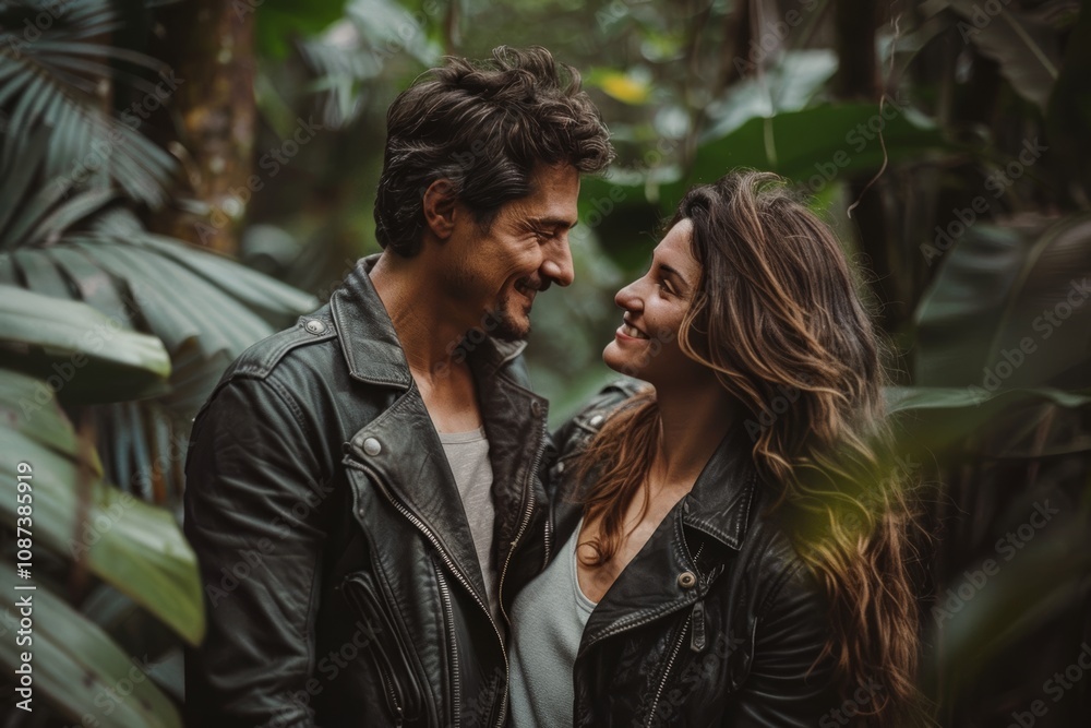 Portrait of a blissful caucasian couple in their 30s sporting a classic leather jacket while standing against lush tropical rainforest Portrait of a blissful caucasian couple in their 30s sporting a classic leather jacket while standing against lush tropical rainforest