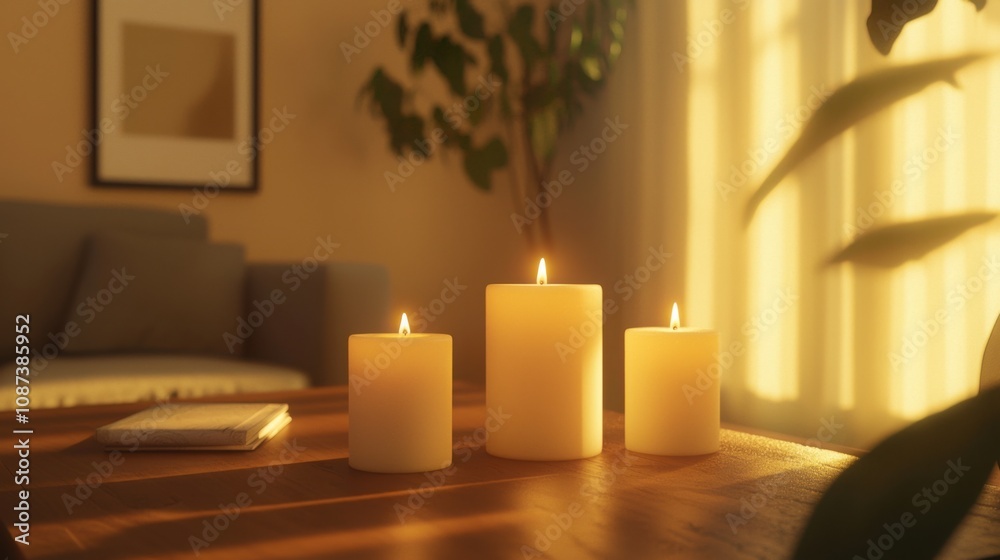 A serene living space featuring three lit candles on a wooden table, with soft lighting and a plant in the background, creating a cozy atmosphere. A serene living space featuring three lit candles on a wooden table, with soft lighting and a plant in the background, creating a cozy atmosphere.