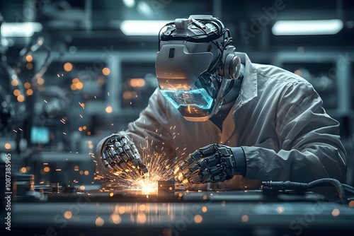 High Resolution Close-Up Image of Robotic Fingers Crafting with Precision in a Modern Workshop Environment, Illuminated by Sparks During an Innovative Manufacturing Process