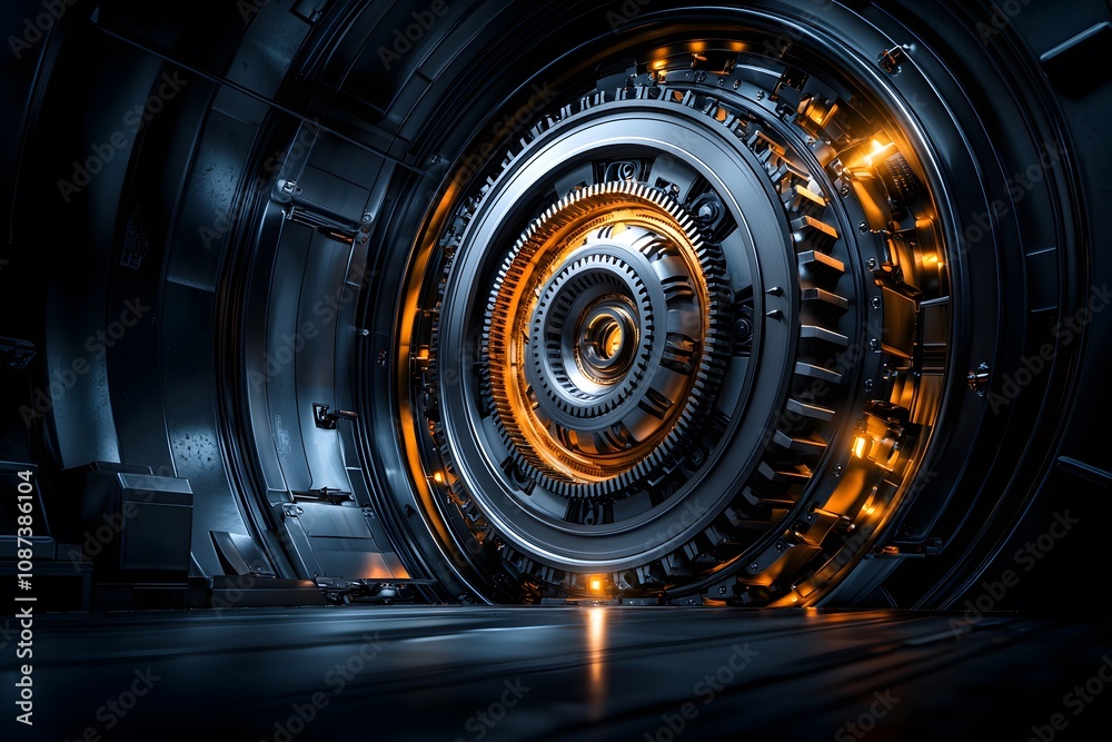 Intricate and Large Mechanical Gear System with Glowing Elements Captured in a Factory Setting Showcasing Complex Engineering and Design Features Intricate and Large Mechanical Gear System with Glowing Elements Captured in a Factory Setting Showcasing Complex Engineering and Design Features