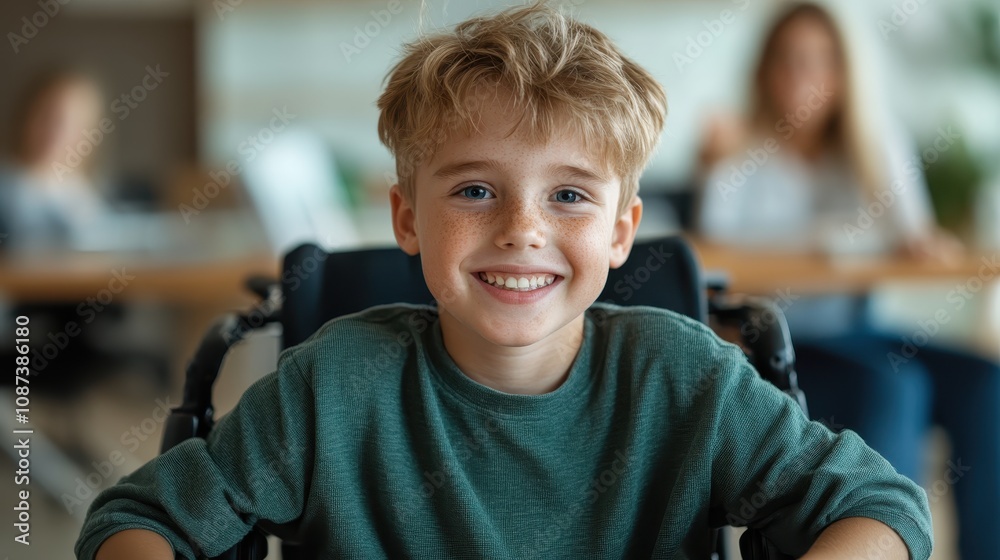 A smiling boy with freckles sits in a wheelchair, centered in an indoor environment with individuals interacting in the slightly blurred background. A smiling boy with freckles sits in a wheelchair, centered in an indoor environment with individuals interacting in the slightly blurred background.
