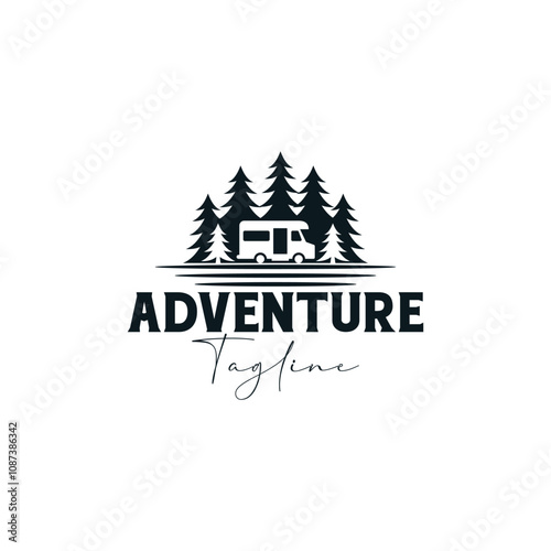 RV Camper Van Caravan Mobile Car Vehicle Silhouette with Pine Spruce Tree for Forest Camp Adventure Trip Logo Design