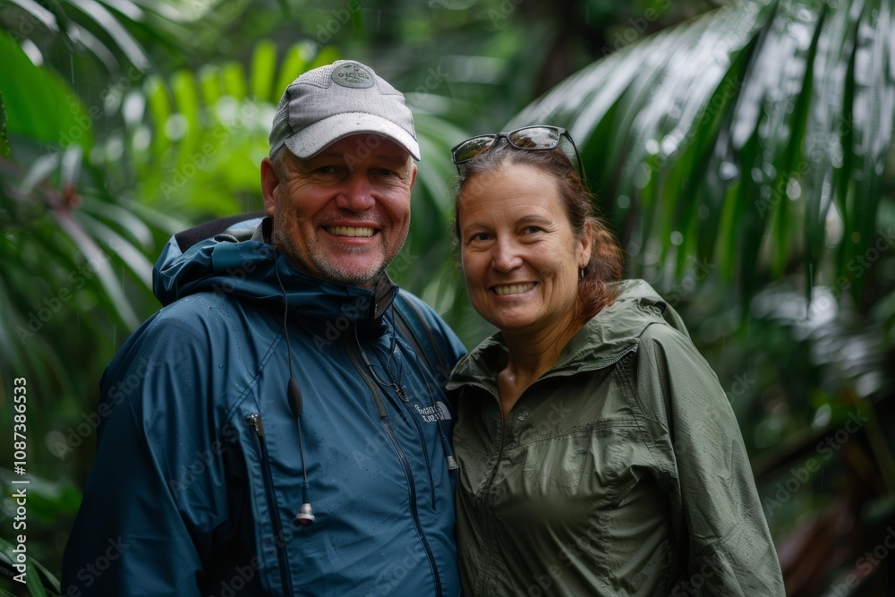 Portrait of a content caucasian couple in their 40s wearing a functional windbreaker isolated on lush tropical rainforest Portrait of a content caucasian couple in their 40s wearing a functional windbreaker isolated on lush tropical rainforest