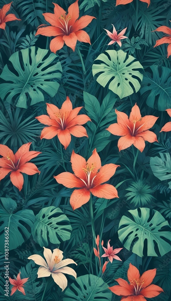 Tropical exotic pattern with animal and flowers in bright colors and lush vegetation Tropical exotic pattern with animal and flowers in bright colors and lush vegetation